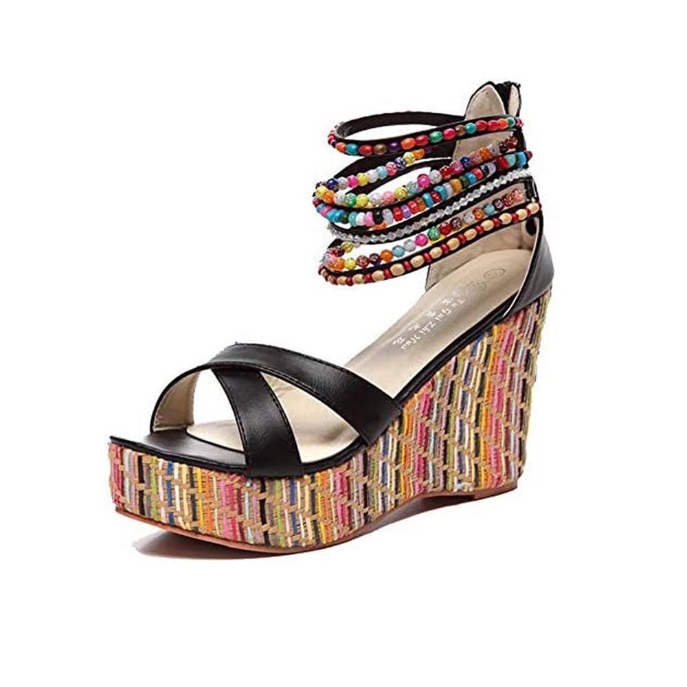 Getmorebeauty Wedge Sandals With Pearls Weave On Platform